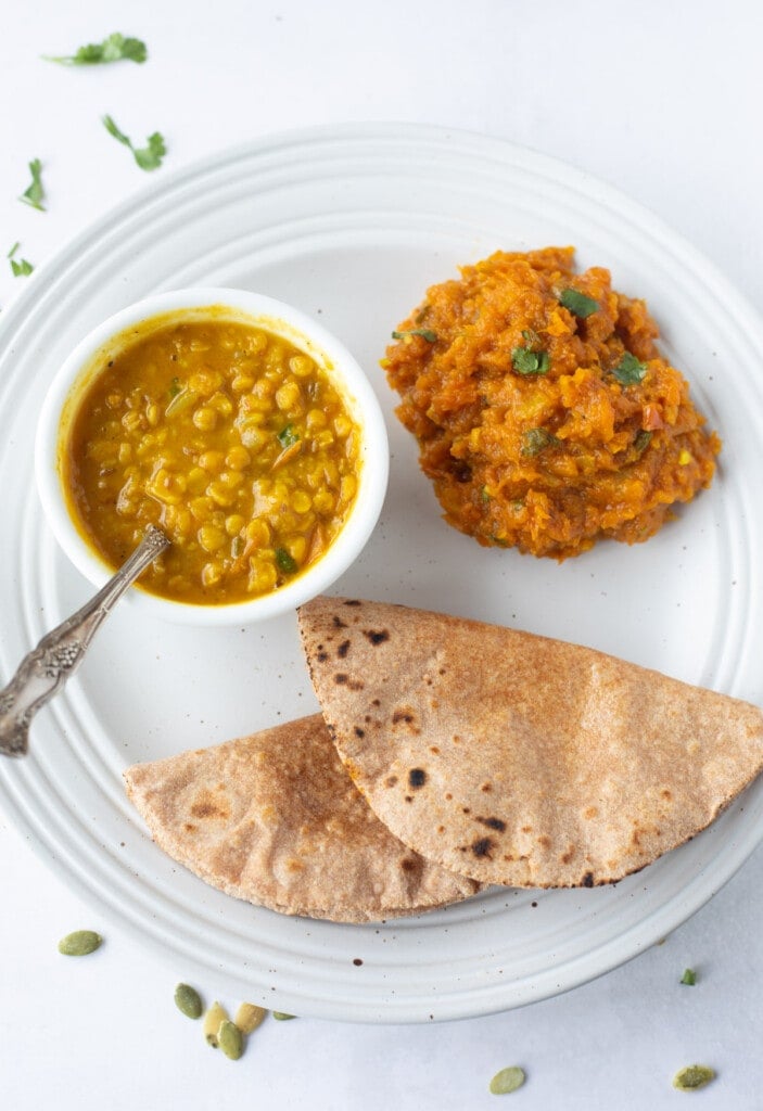 indian meal of pumpkin curry, Chana Dal and roti