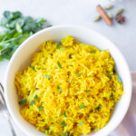 Indian yellow turmeric basmati rice in a bowl