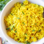 Indian Yellow Turmeric Rice in a white bowl