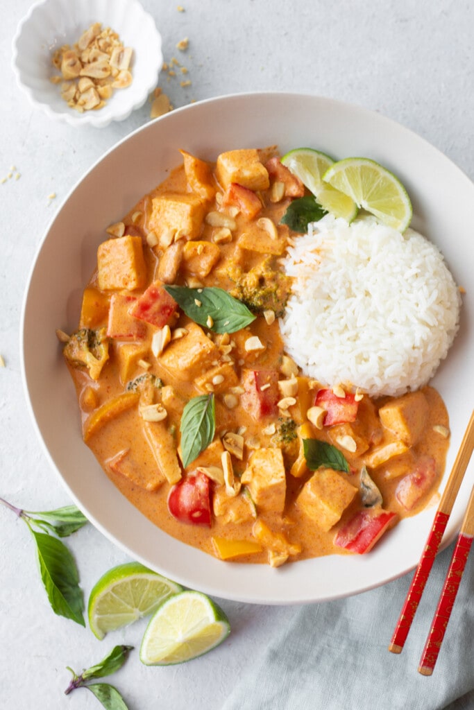 Instant Pot Panang Curry Tofu served in a bowl with jasmine rice