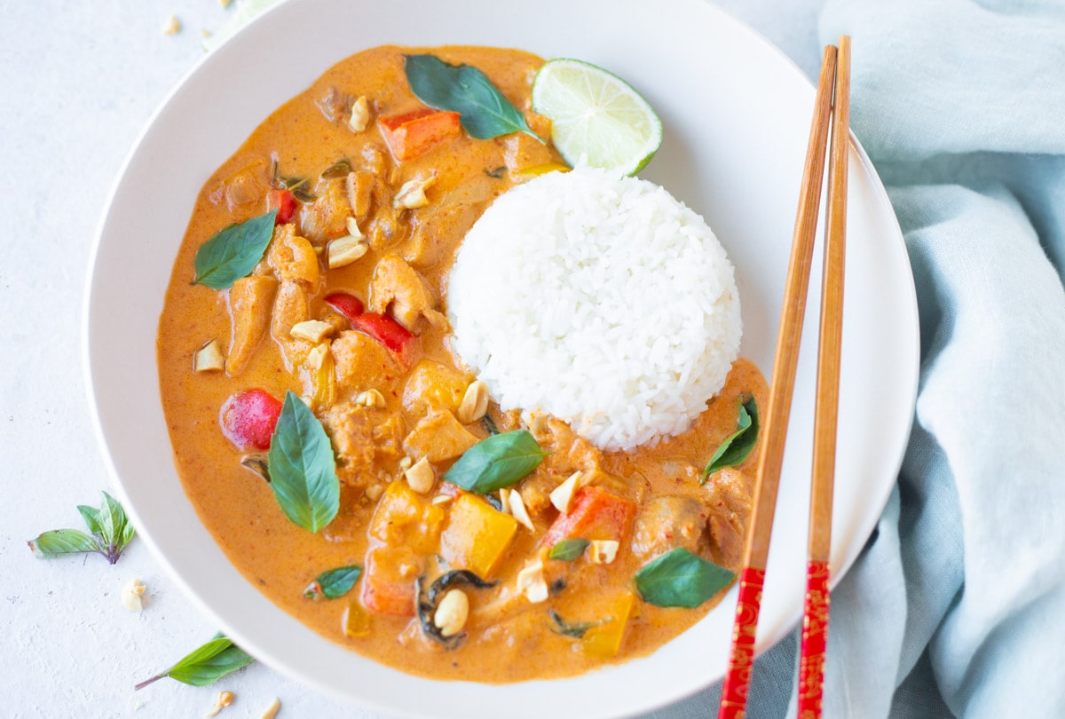 Instant pot Panang Curry Chicken served with jasmine rice
