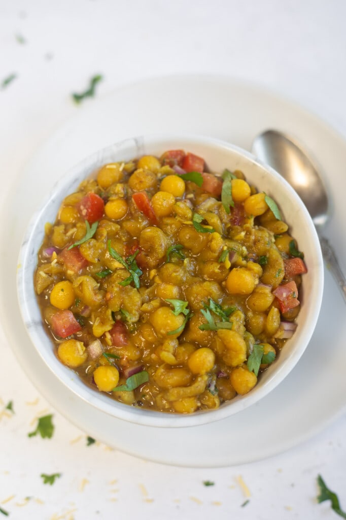 Delhi style White matar chaat served in a bowl