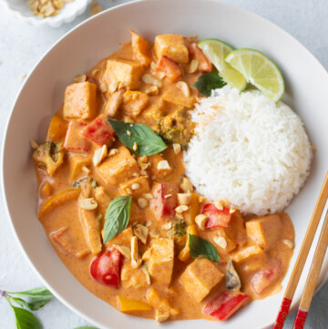 Panang Curry Tofu in a bowl served with rice