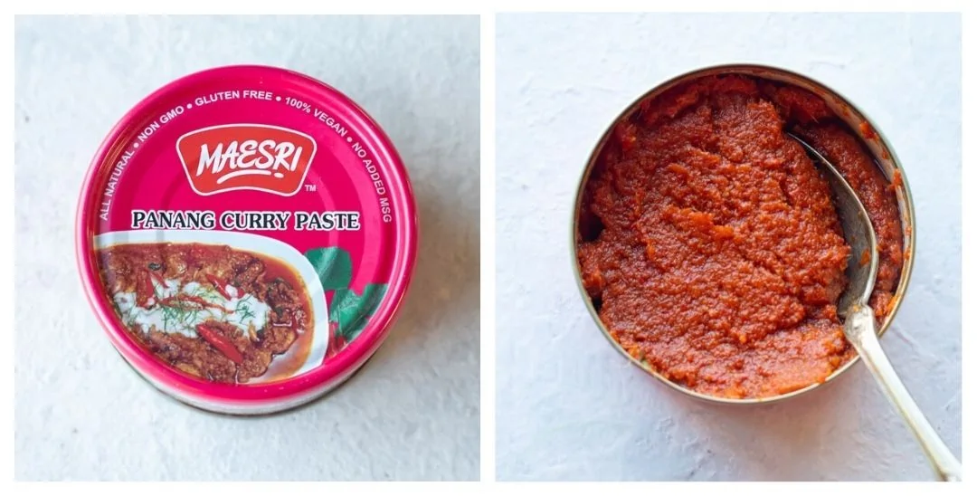 collage image of sealed and opened panang curry paste