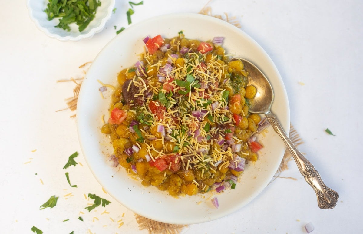 Easy Ragda Chaat (White Matar Chaat) served in a plate