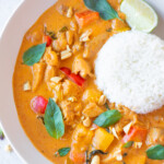 Thai Panang Curry with chicken served in a bowl with jasmine rice