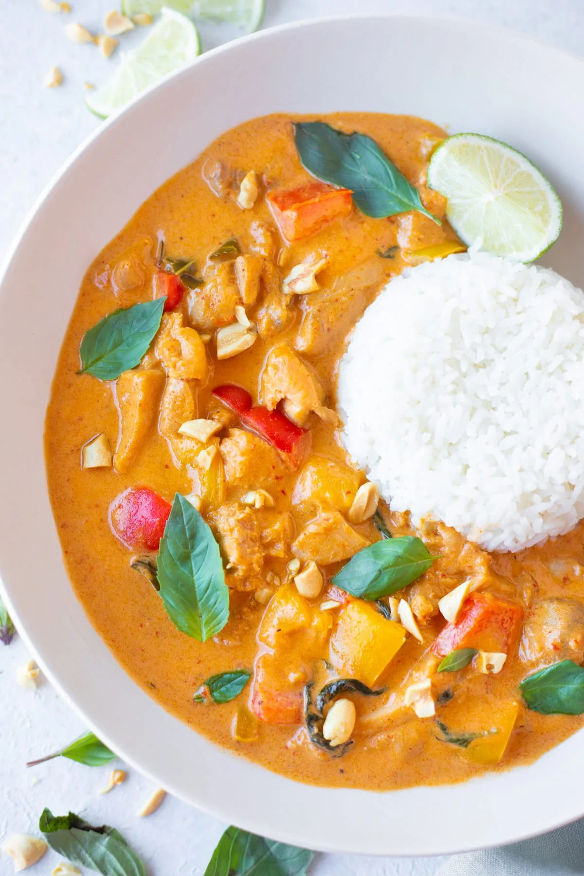 Thai Panang Curry with chicken served in a bowl with jasmine rice