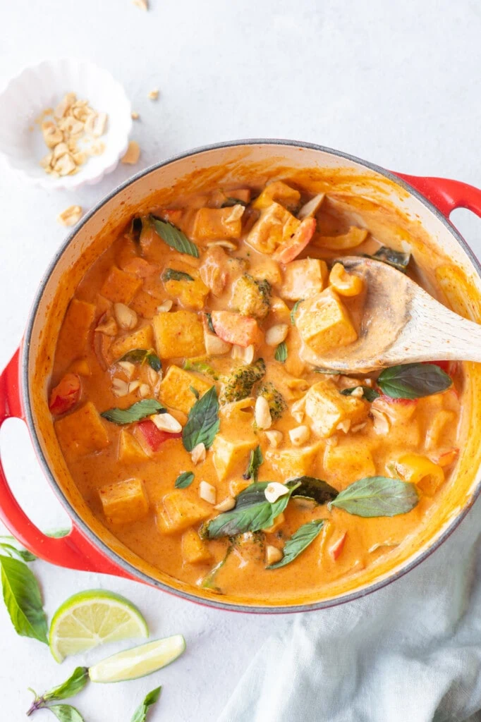  Vegan Panang Curry Tofu and Vegetables served with rice