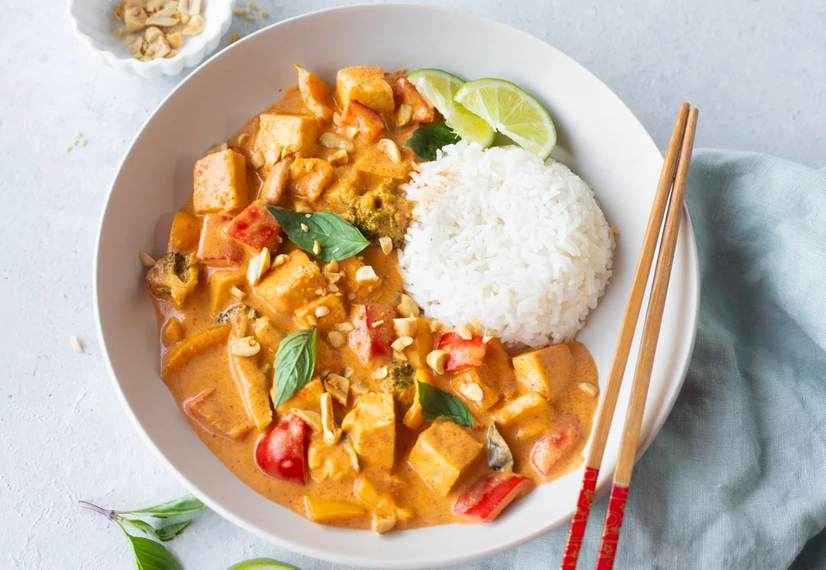 Vegan Thai Panang Curry Tofu in a bowl served with jasmine rice