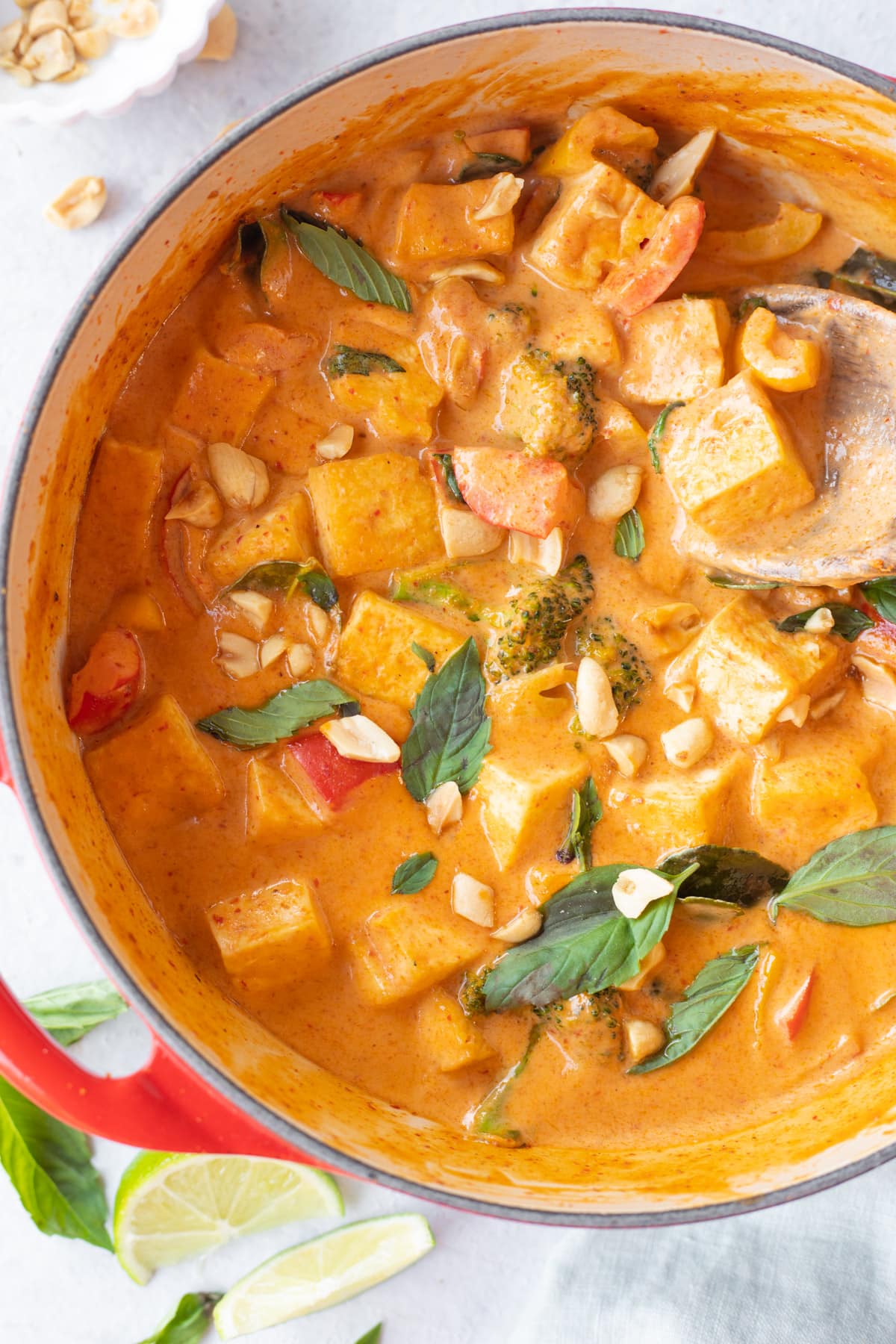 delicious Panang Curry with tofu and vegetables garnished with Thai Basil Leaves
