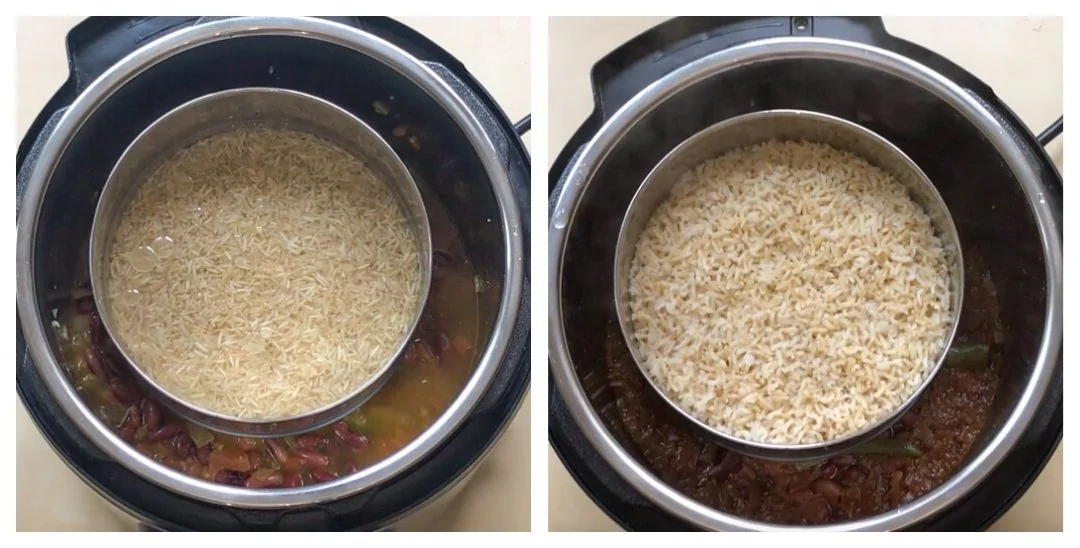 side by side image of uncooked and cooked rice in instant pot