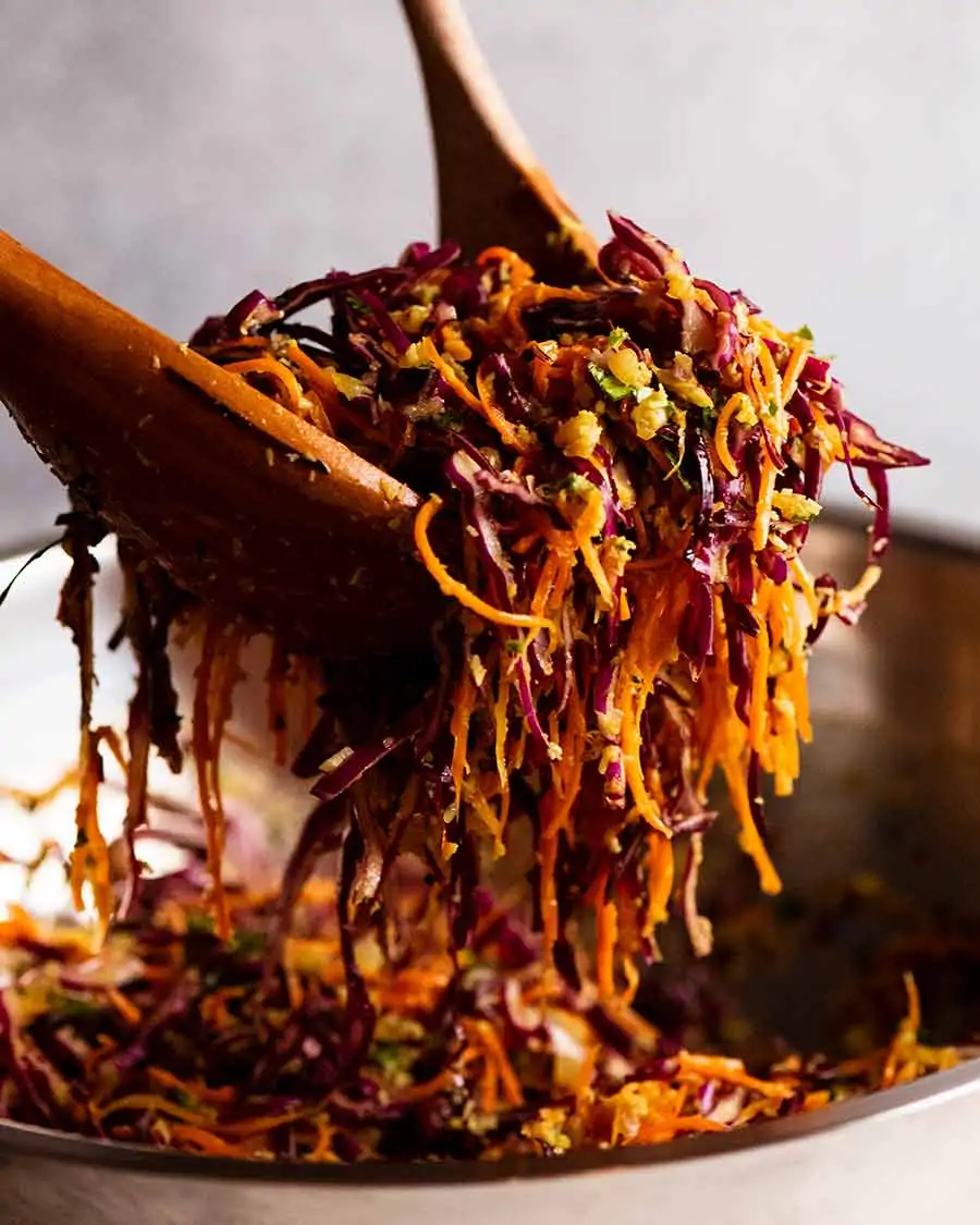 South Indian Cabbage and carrot thoran salad being served