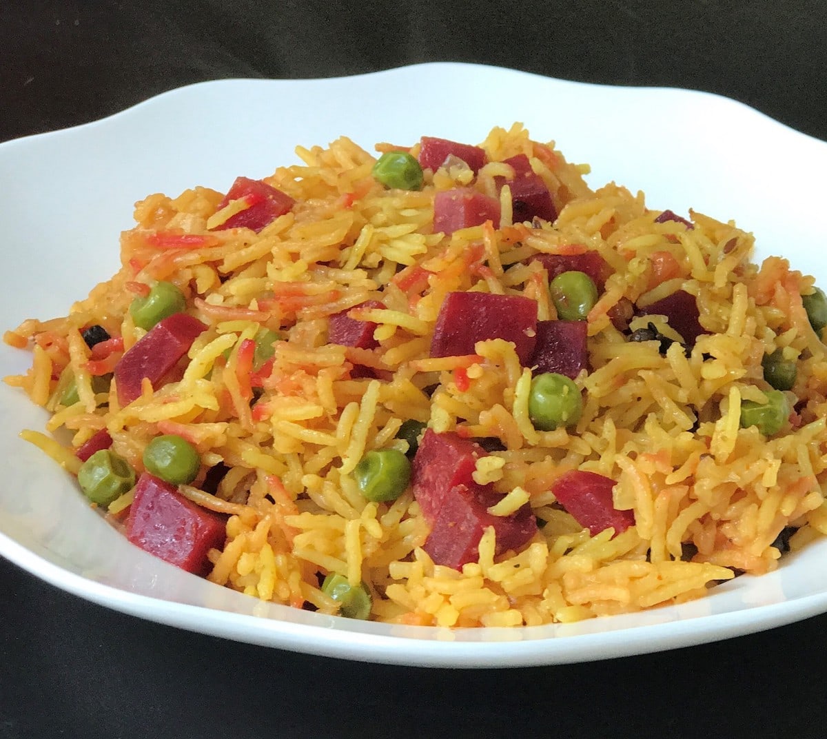 beet rice pilaf in a bowl