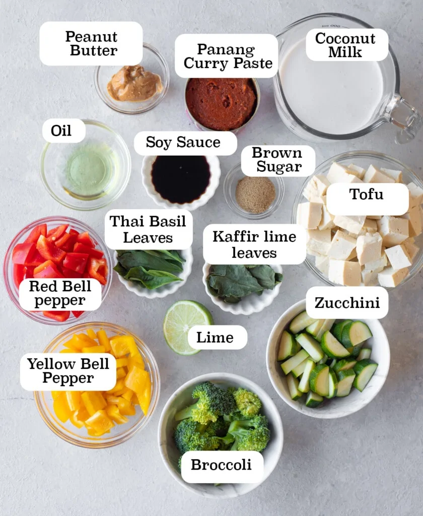 Ingredients to make vegan panang curry with tofu and vegetables 