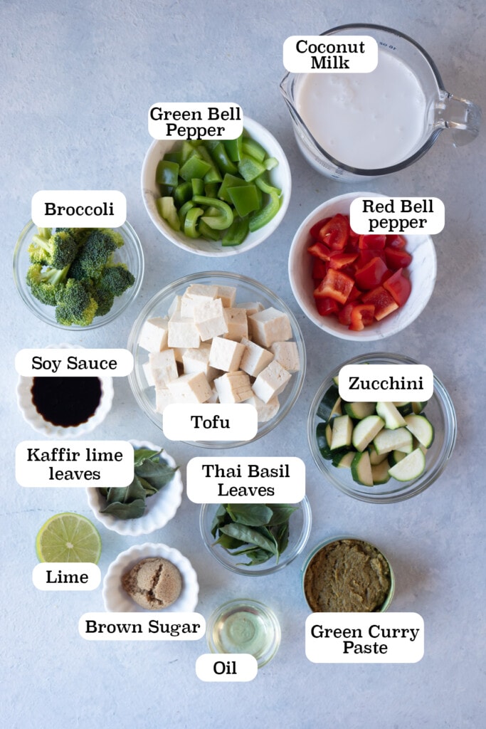 Ingredients to make vegan Thai Green Curry with tofu and vegetables 