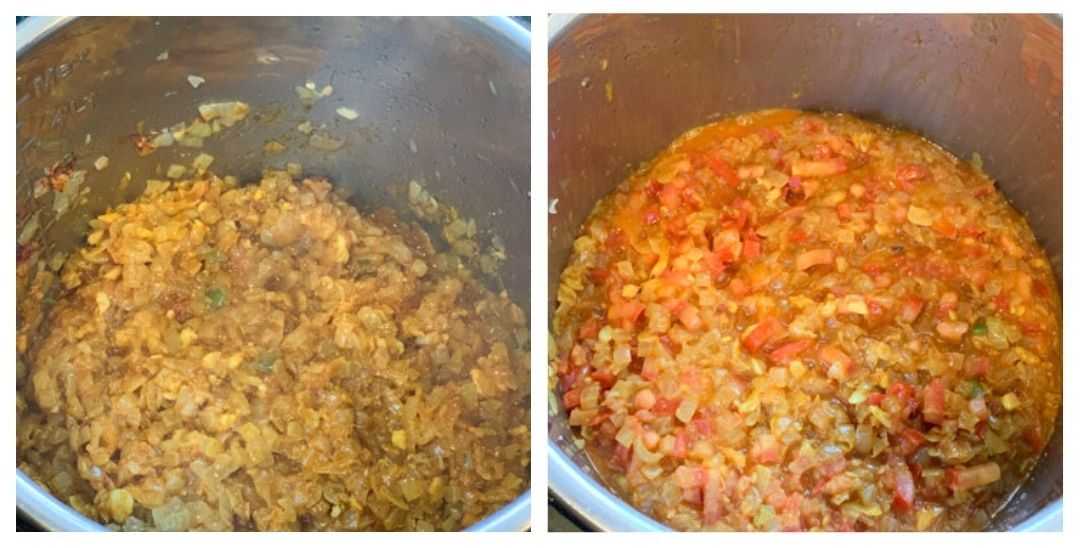 Sauteed onions and tomatoes to make bhuna masala. 