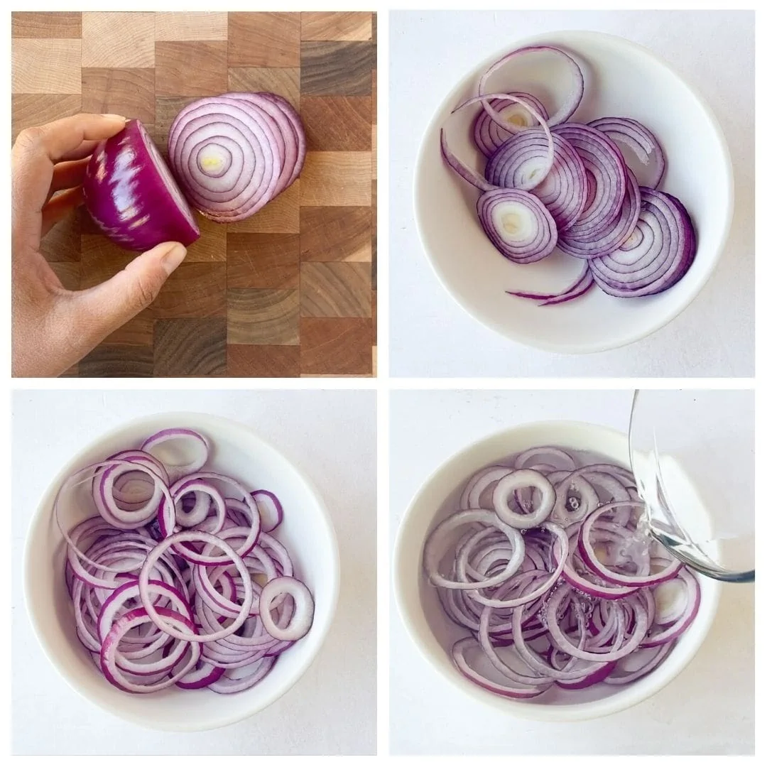Cutting onion and separating rings to make indian raw red onion salad