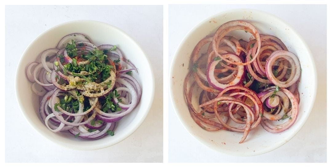 Spices and cilantro added to onions to make onion salad 