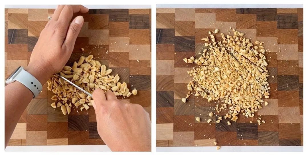 crushing the peanuts on a cutting board 