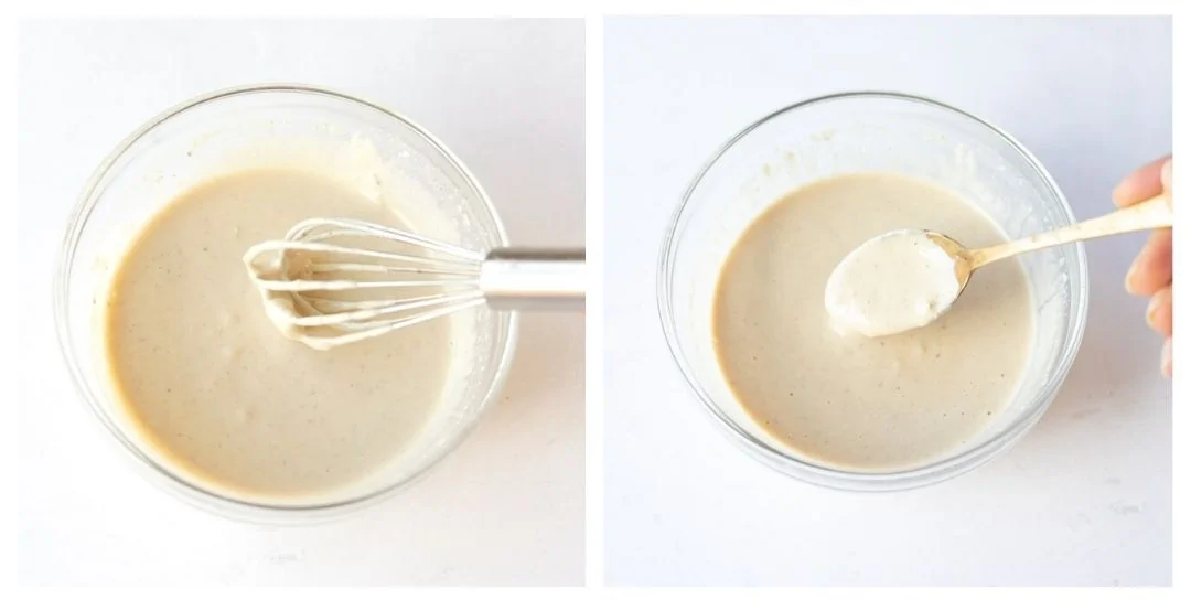 whisking lemon tahini sauce in a bowl