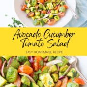 avocado cucumber tomato salad with lime dressing and chaat masala in a bowl
