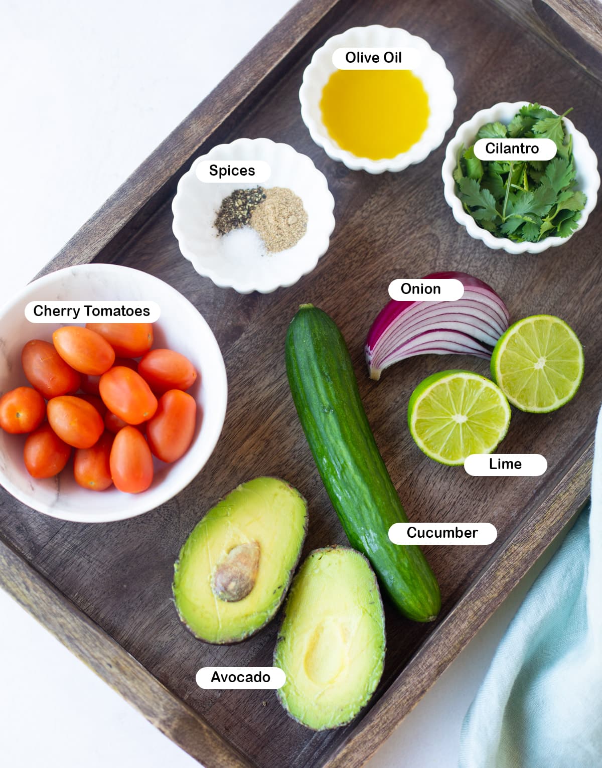 Ingredients for avocado cucumber tomato salad