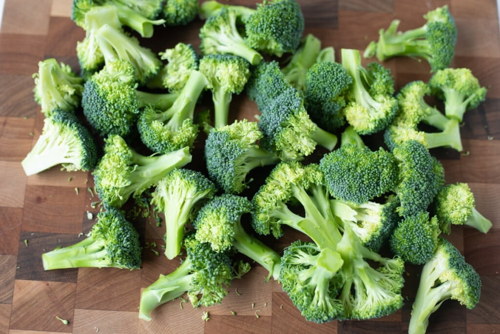 Broccoli florets on a cutting board