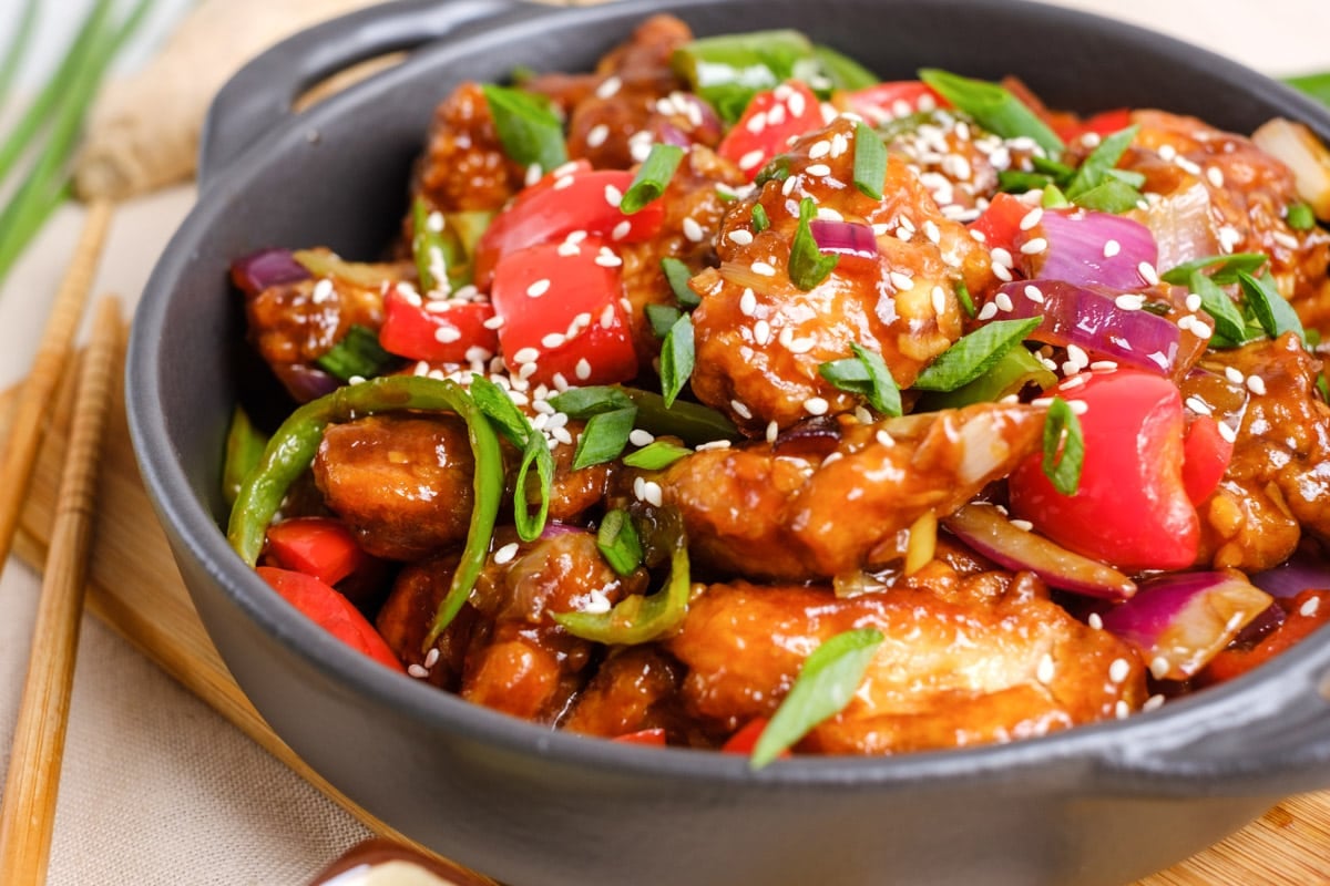 chilli chicken served in a bowl