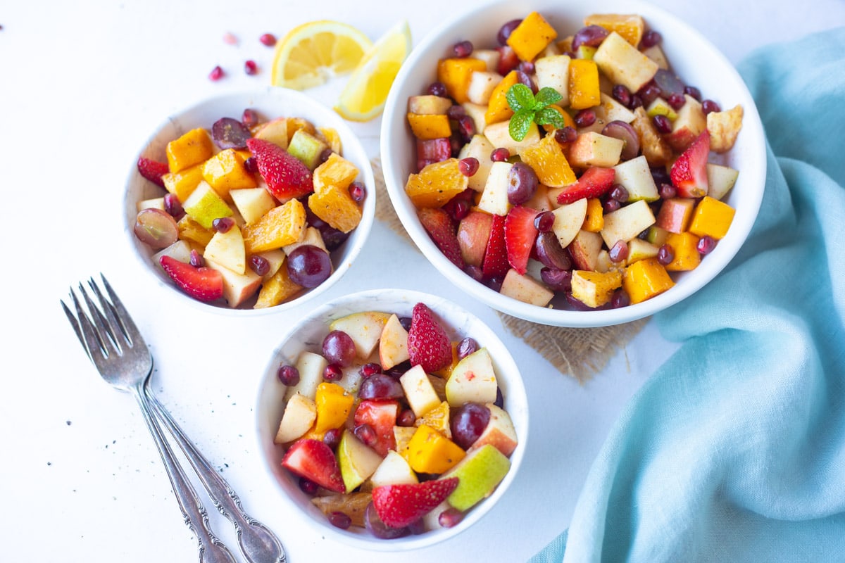 Colorful indian fruit salad (fruit chaat) served in bowls