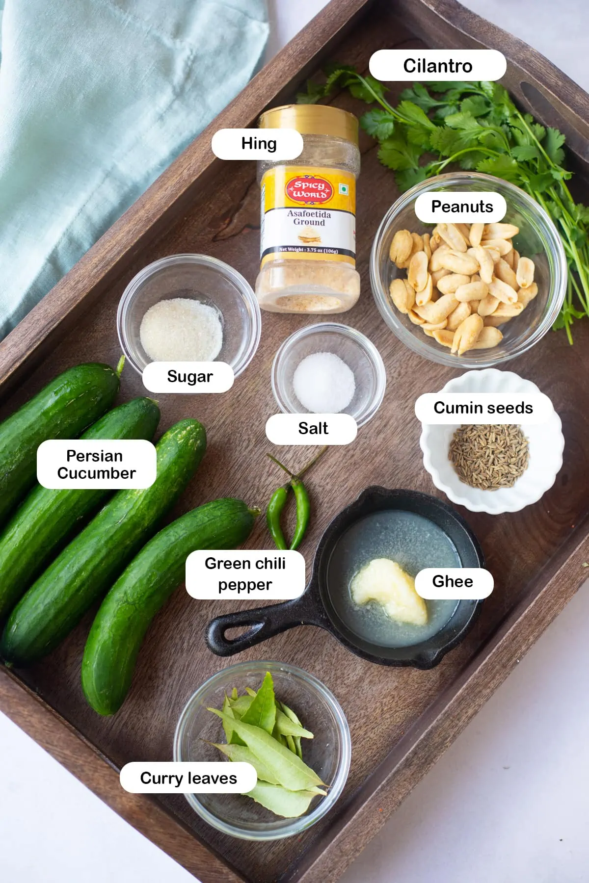 Ingredients to make Kakdi Koshimbir (indian cucumber salad)