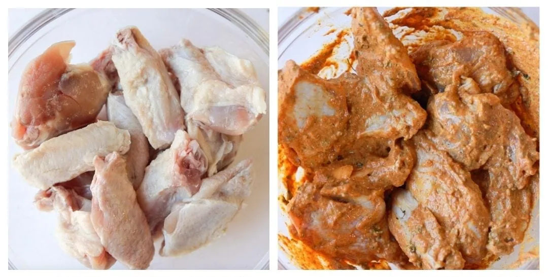 Marinating chicken wings in a tandoori marinade with yogurt and spices