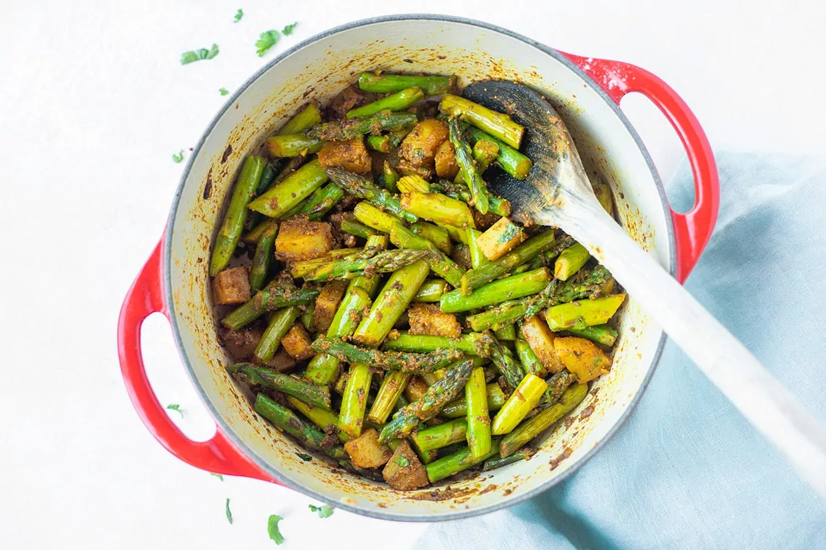 Indian asparagus curry in a pan