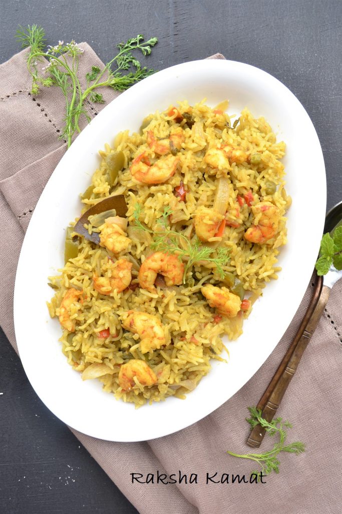 goan prawn pulao in a white serving plate