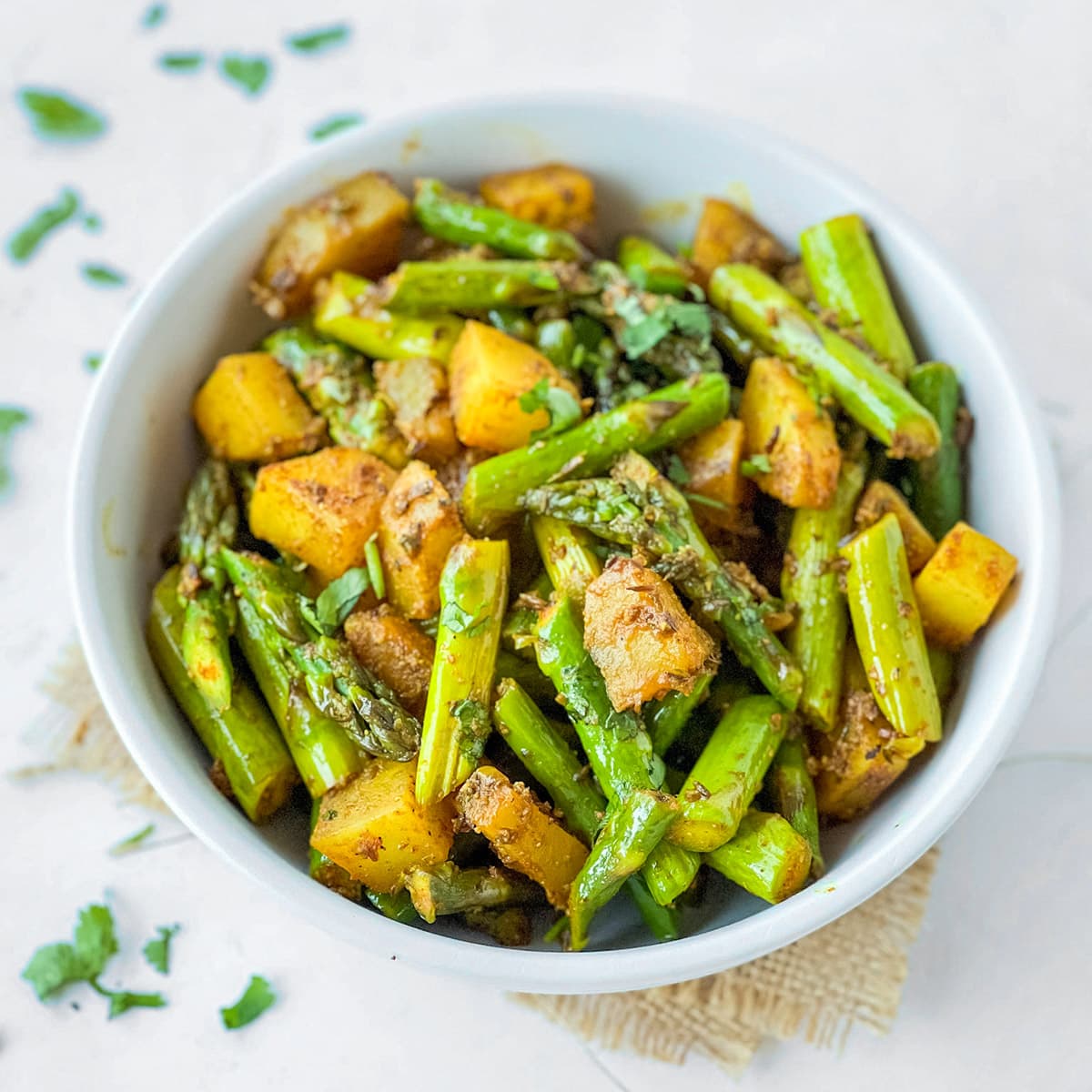 Indian asparagus stir fry. Aloo Asparagus in a bowl