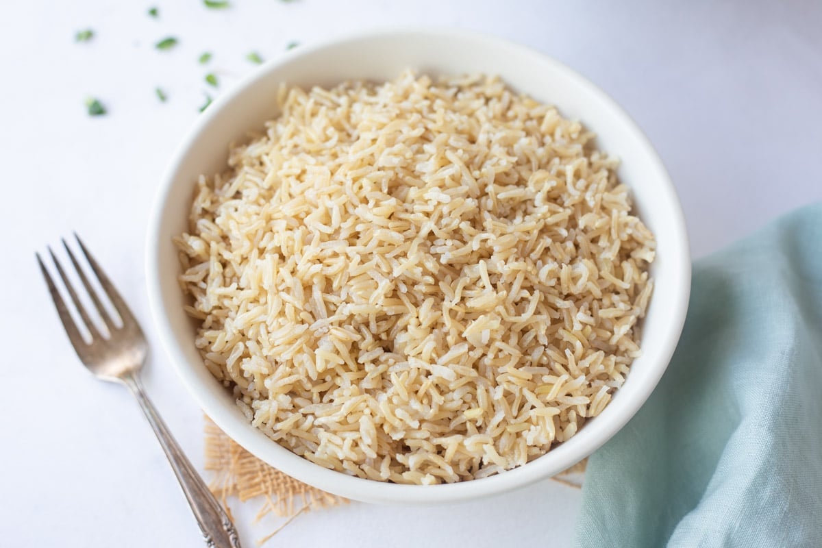 instant pot brown basmati rice in a white bowl