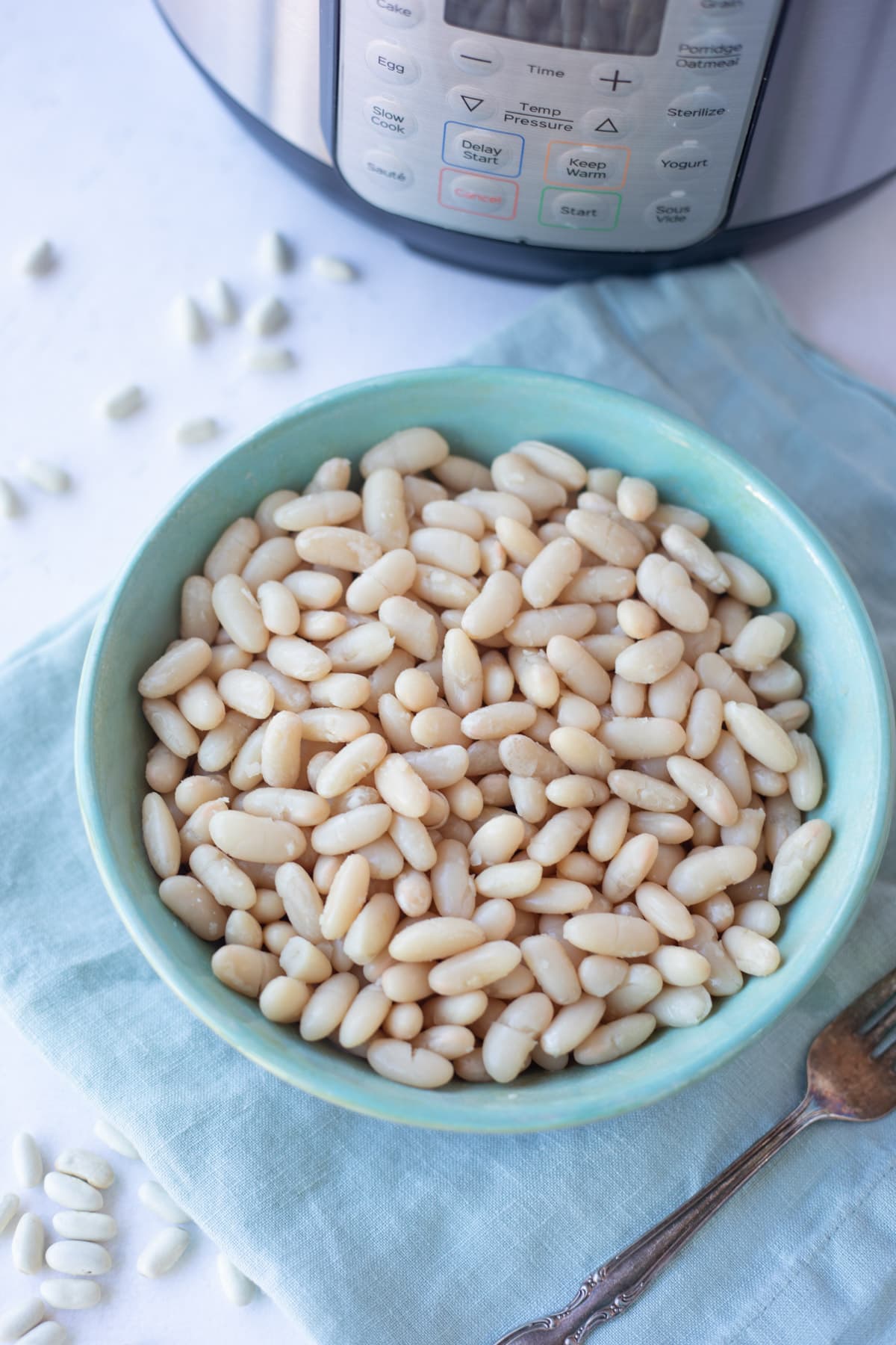 cannelloni beans in a bowl in front of the instant pot