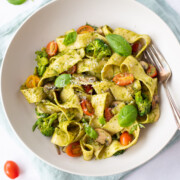 Pappardelle Pasta in a bowl garnished with basil leaves