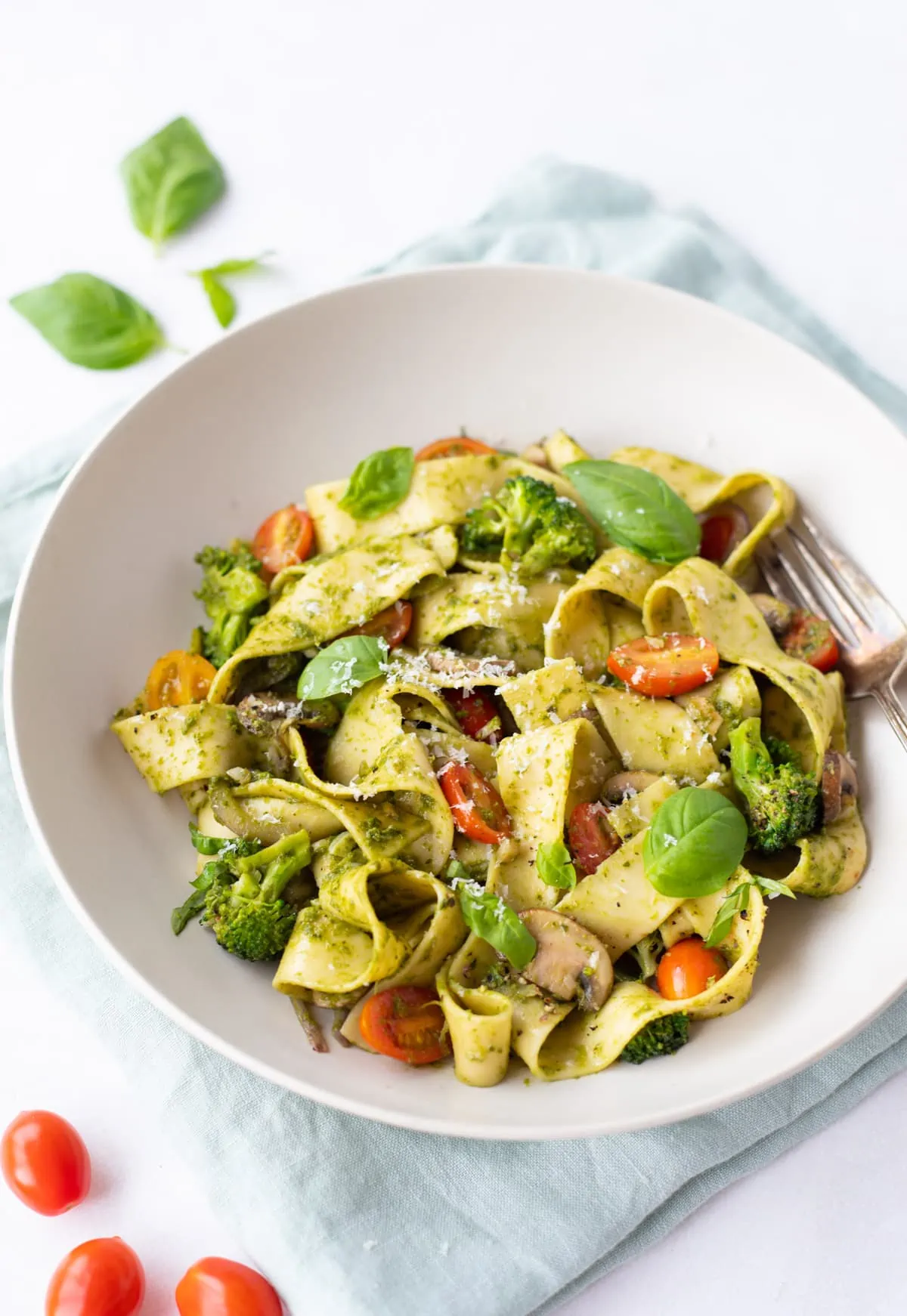 Pesto Pappardelle ribbon pasta in a bowl