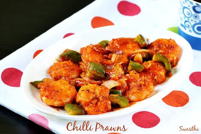 garlic chili prawns in a serving plate