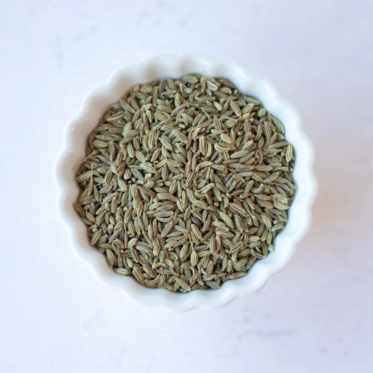 Fennel seeds in a small white bowl