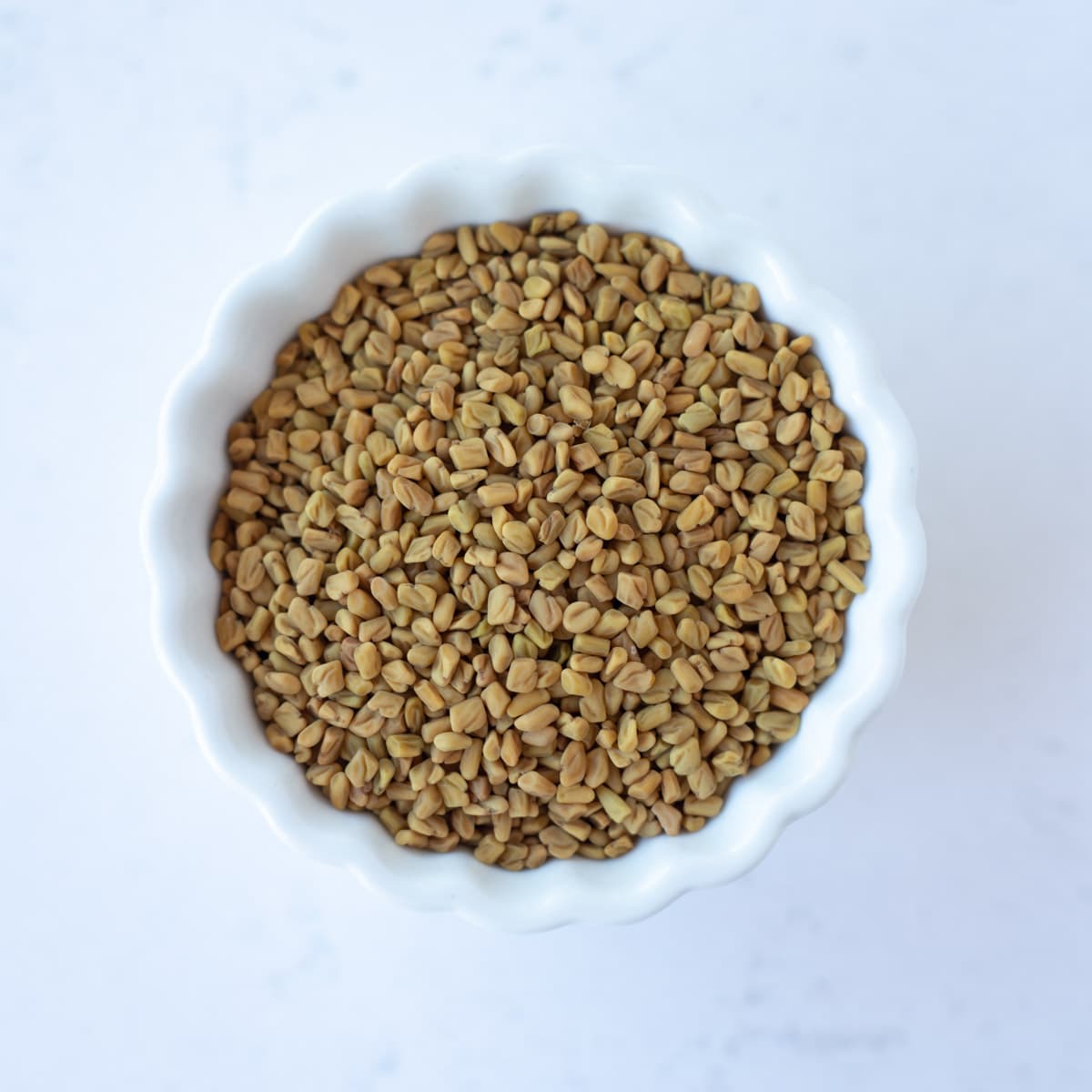 Fenugreek seeds in a small white bowl.