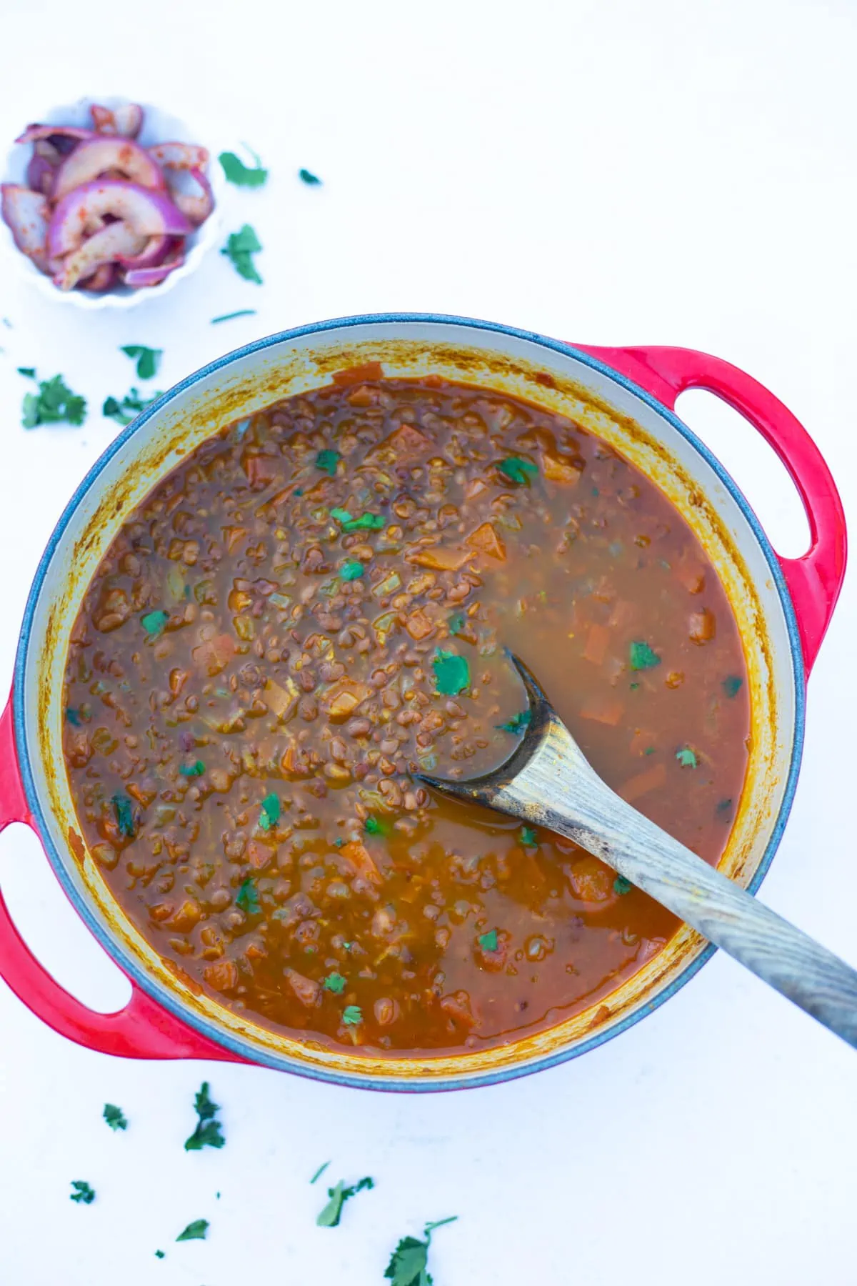Horsegram dal (Kulthi dal) in a large bowl garnished with cilantro