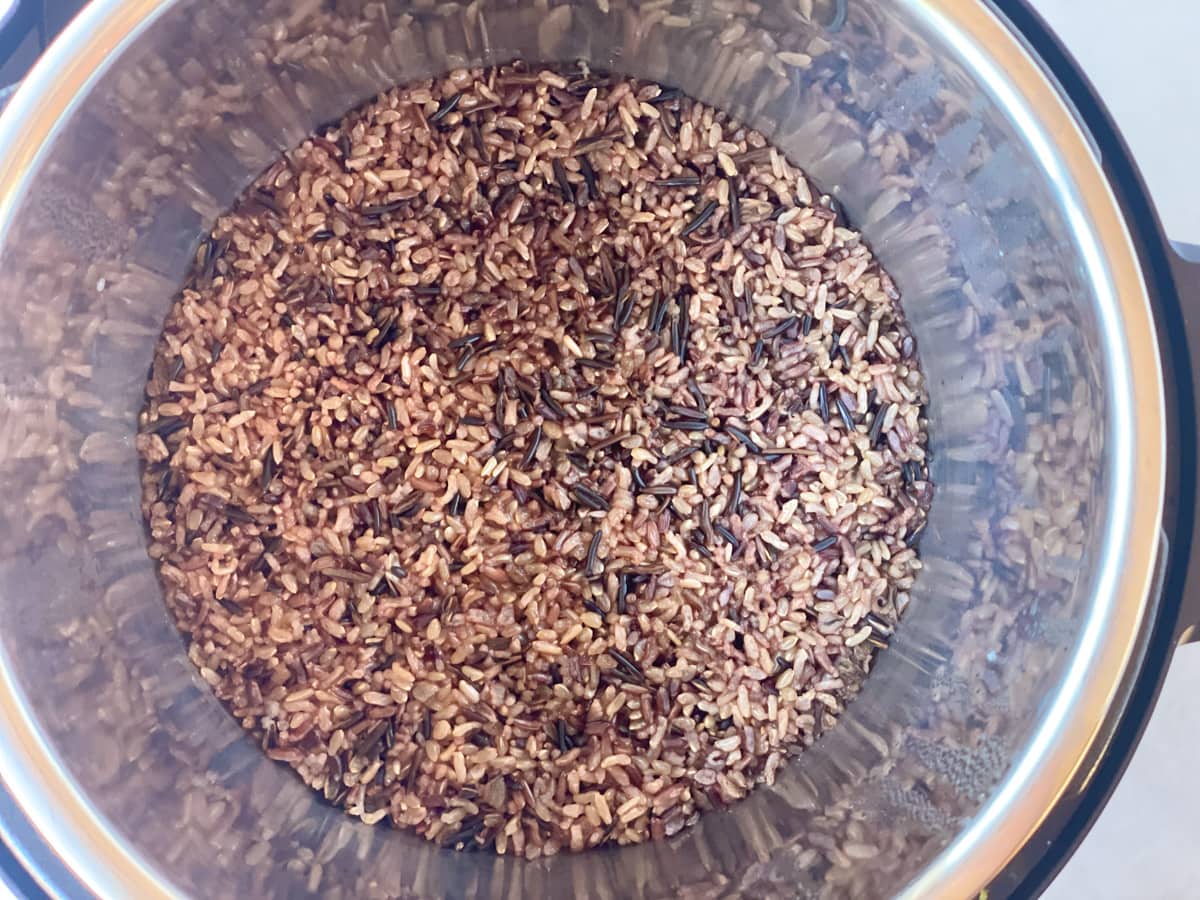 Cooked wild rice blend in the pressure cooker