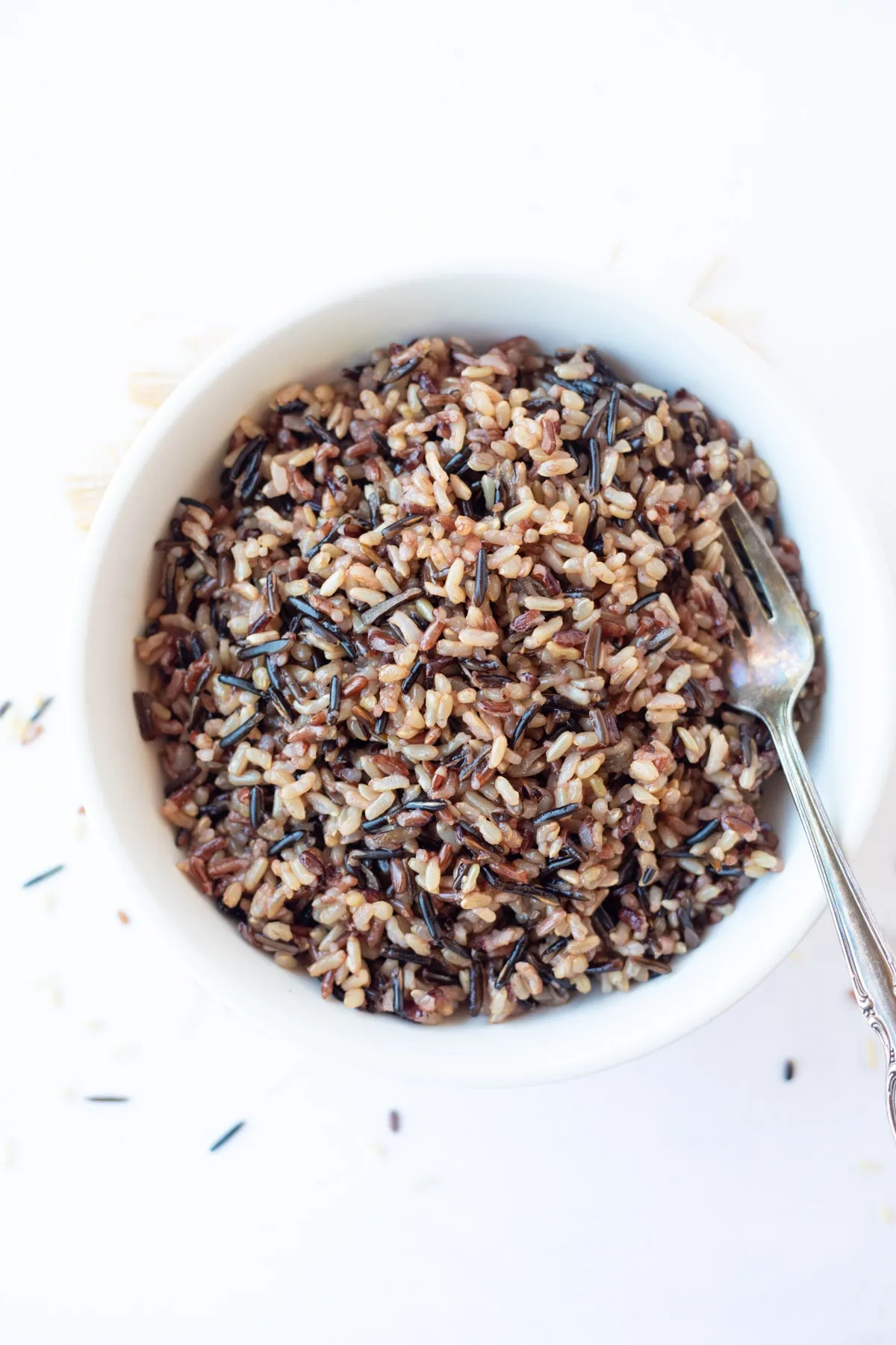 Perfectly Wild Rice blend (lundberg brand) in a white bowl 