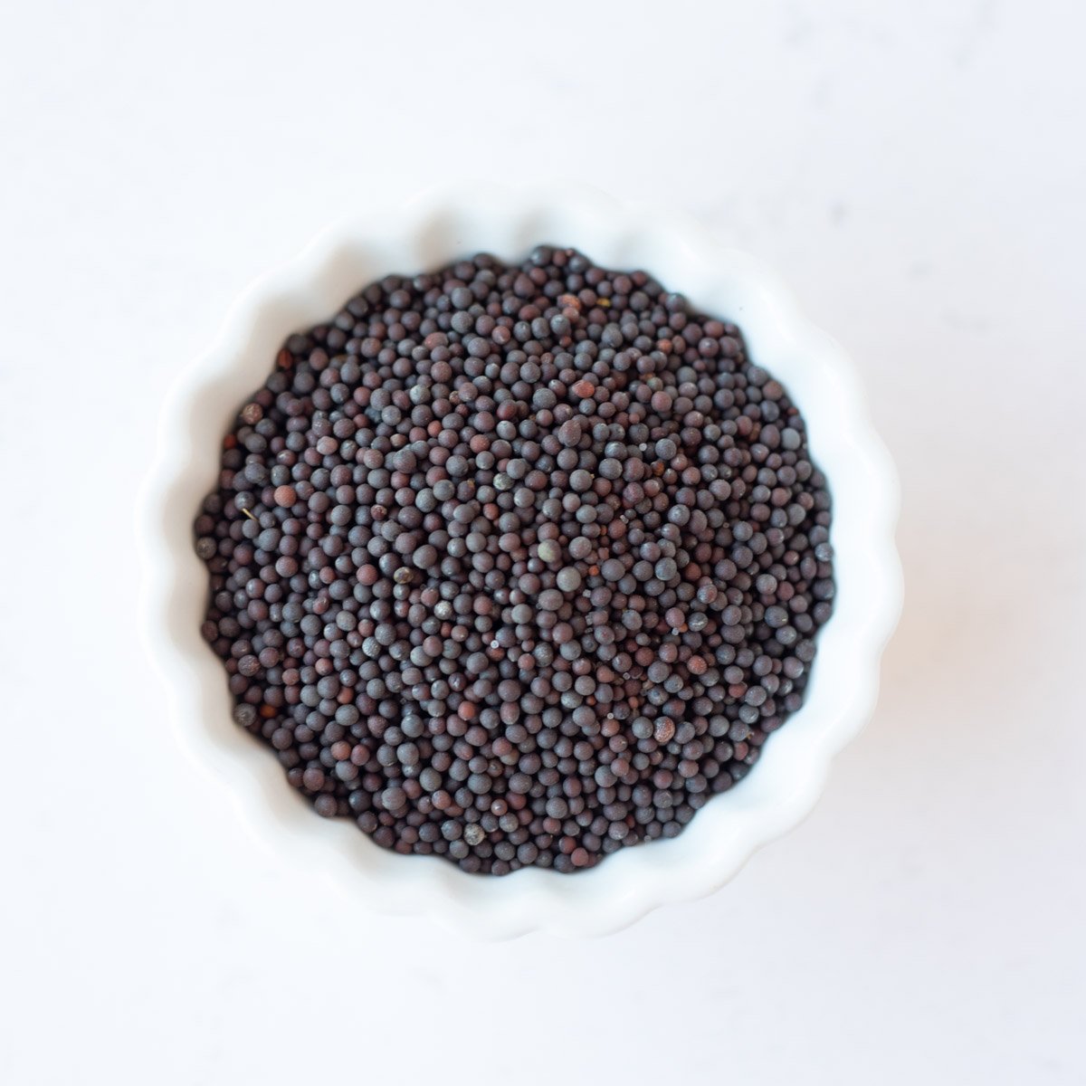 Mustard seeds in a small white bowl