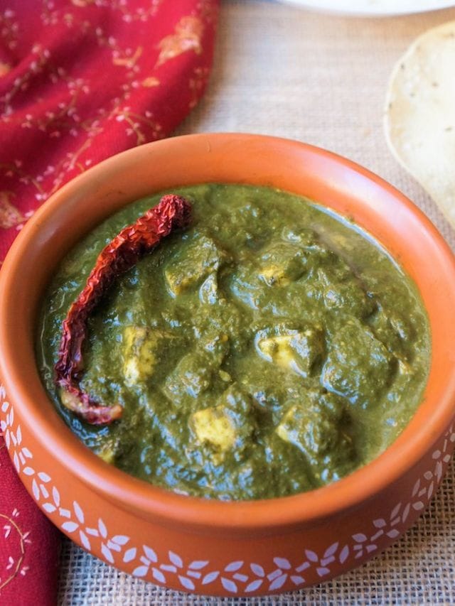 Palak Paneer in a serving pot