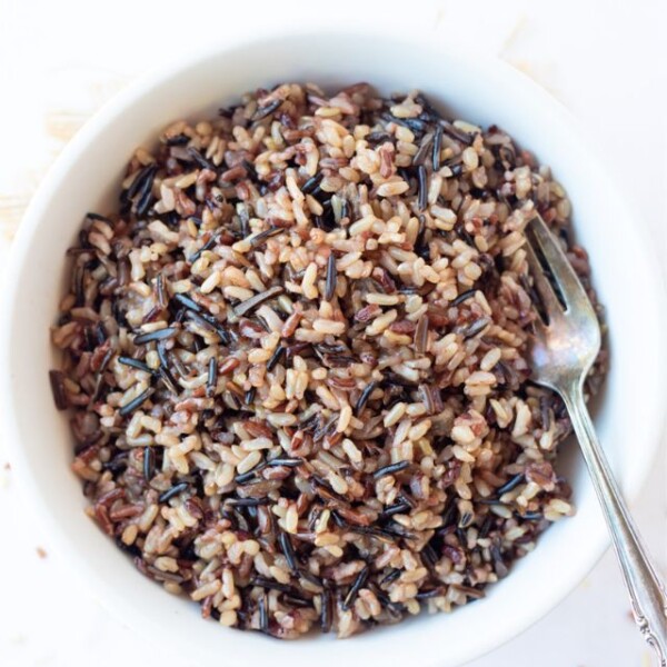 Perfectly cooked wild rice blend in a white bowl