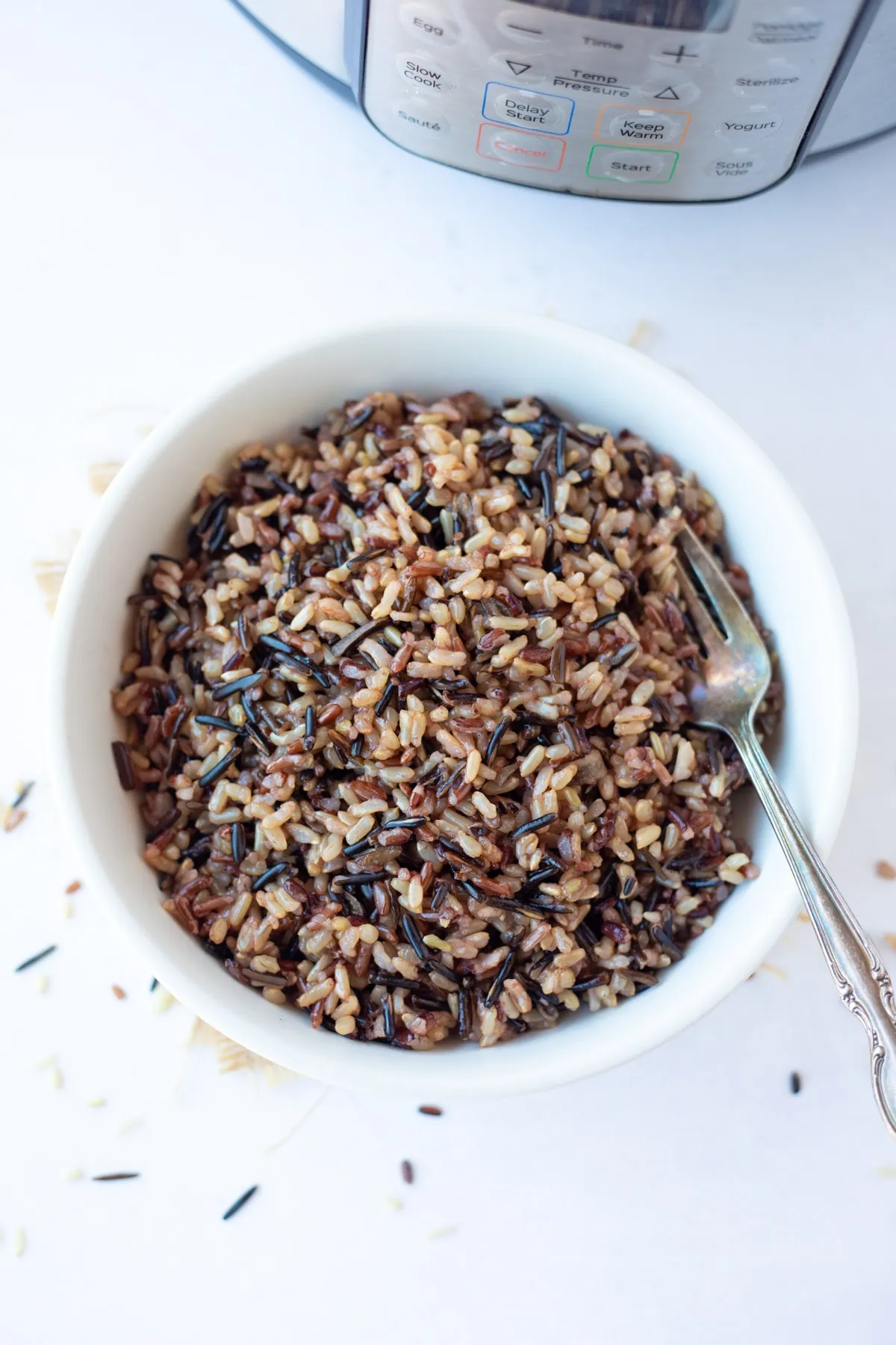 Perfectly cooked Wild rice blend in a bowl in front of the instant pot 