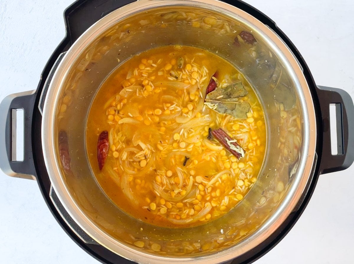 Chana dal pulao ready to cook in the instant pot 
