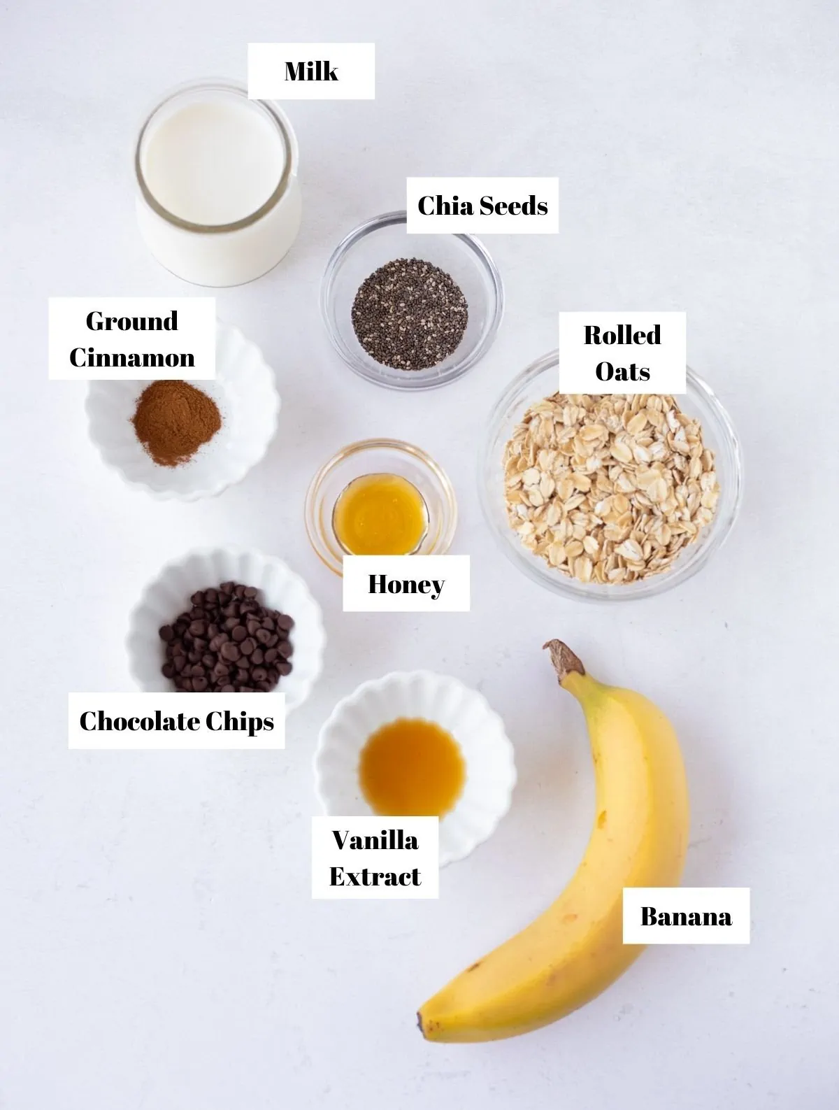 Ingredients you'll need to make quick Chocolate Chip Banana overnight oats
